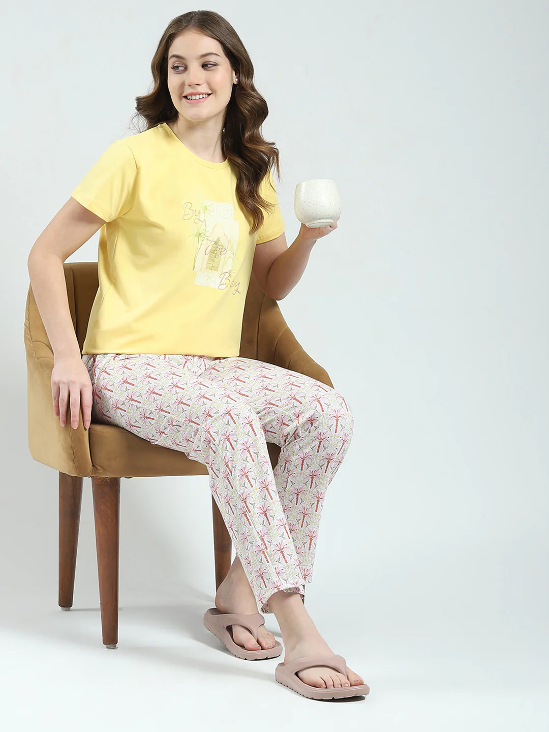 Women Yellow Printed Round Neck Half Sleeve Lower Set - Image 2