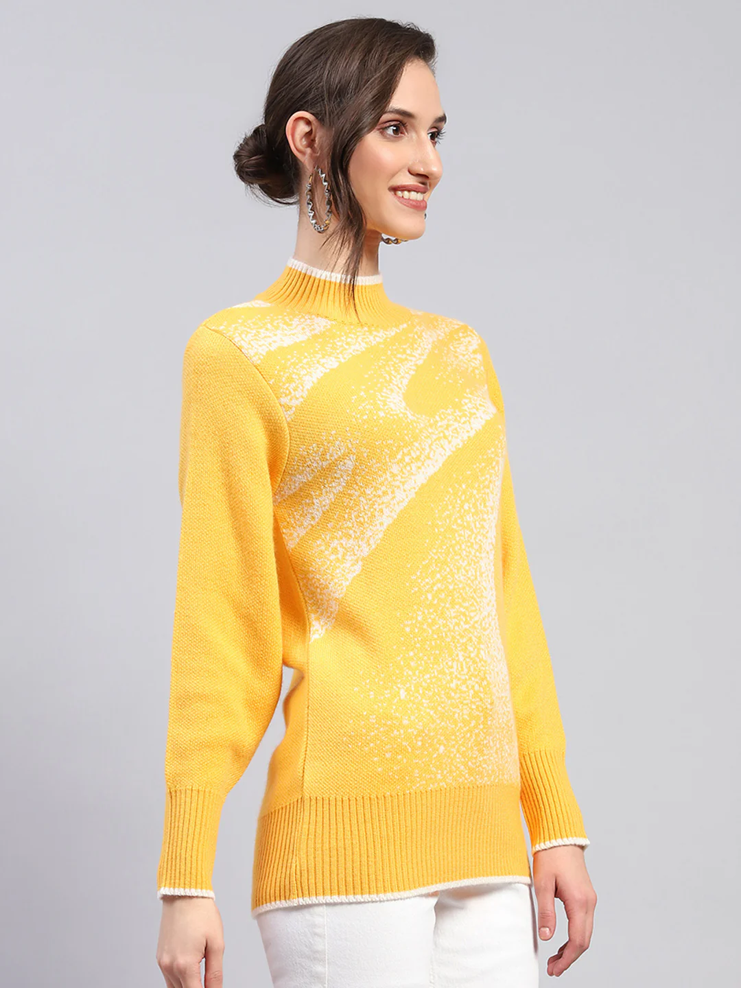 Women Yellow Self Design Band Collar Full Sleeve Winter Tops - Image 4