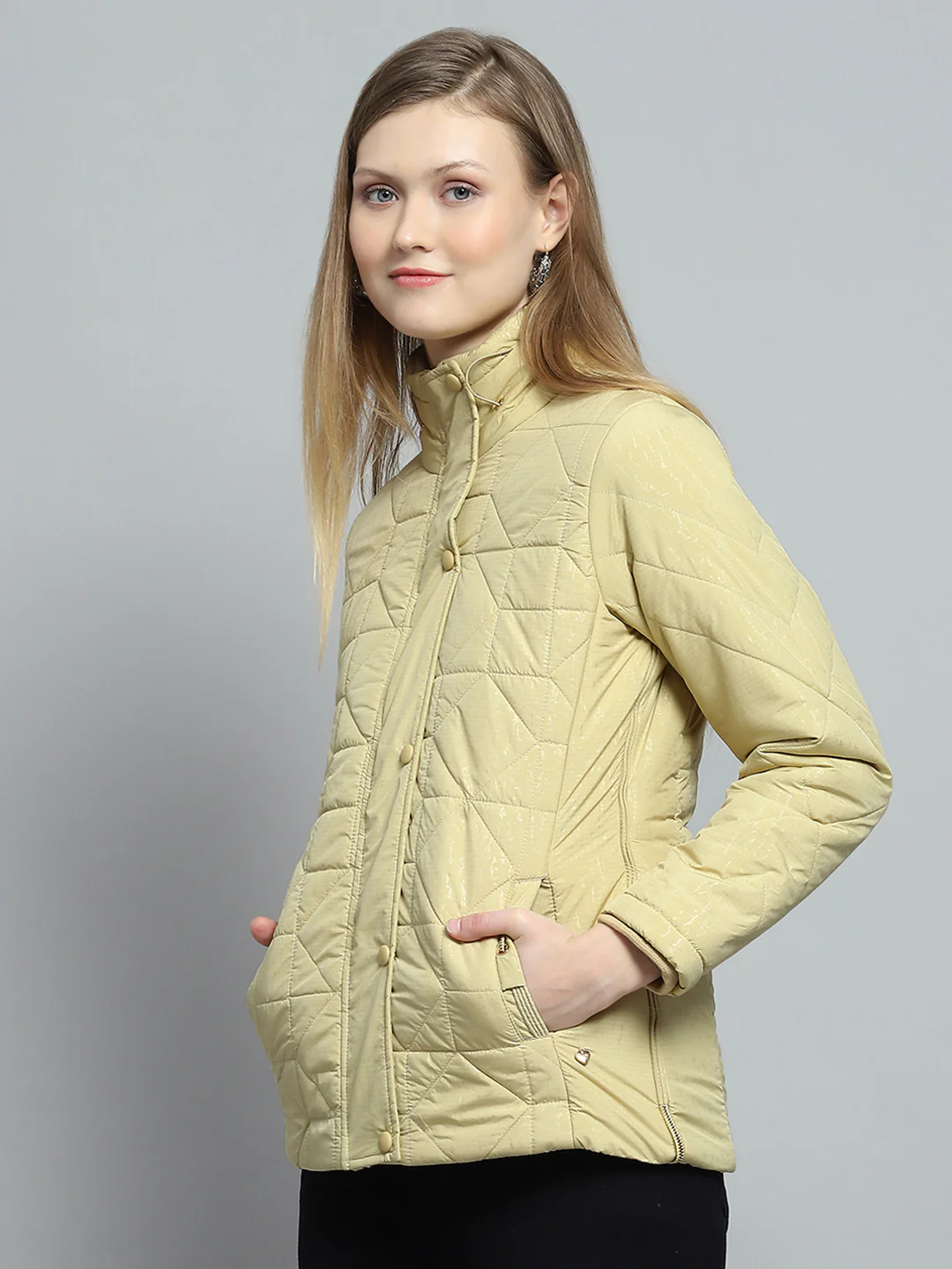 Women Yellow Self Design Mock Neck Full Sleeve Jacket - Image 3