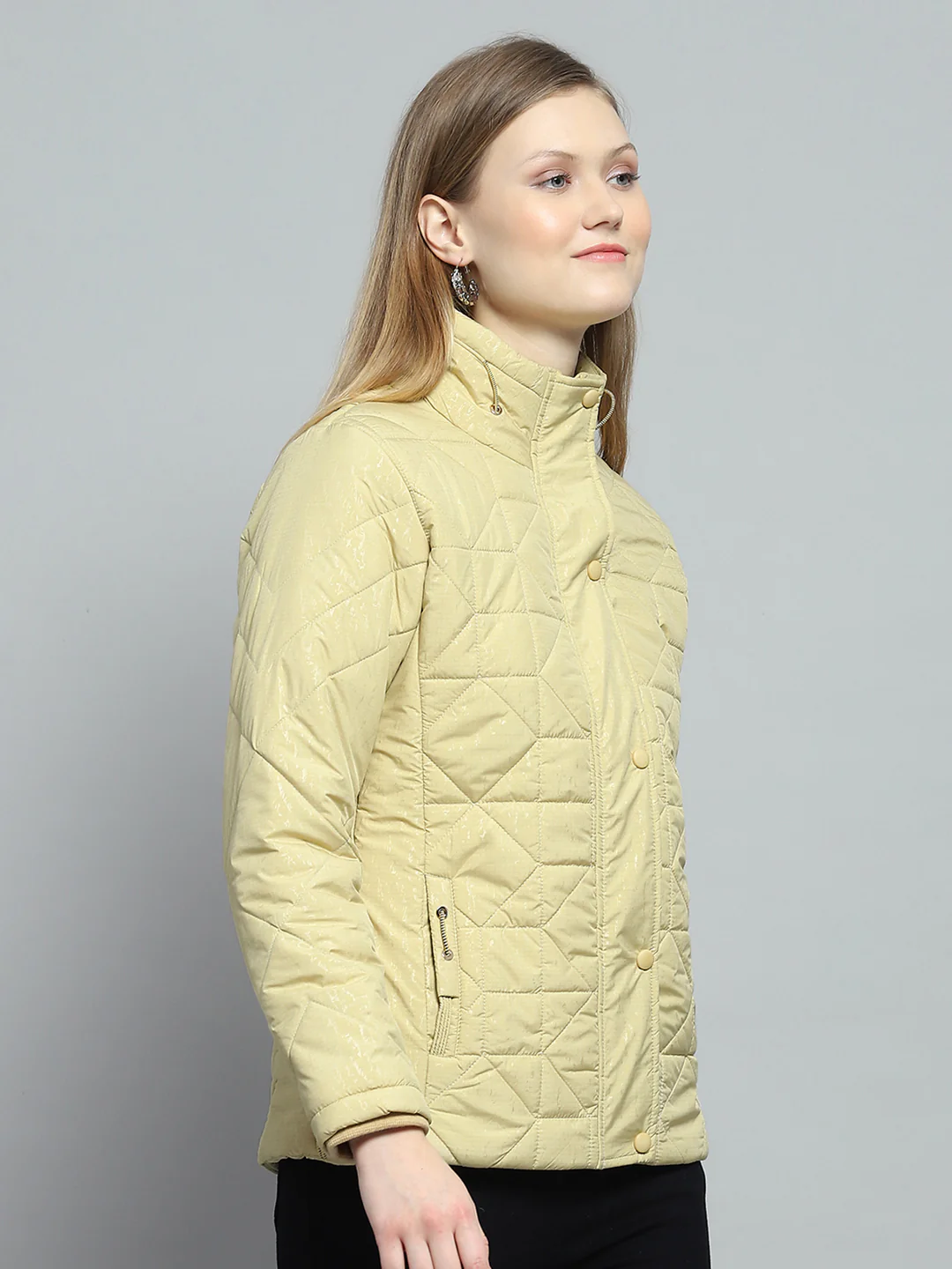 Women Yellow Self Design Mock Neck Full Sleeve Jacket - Image 4