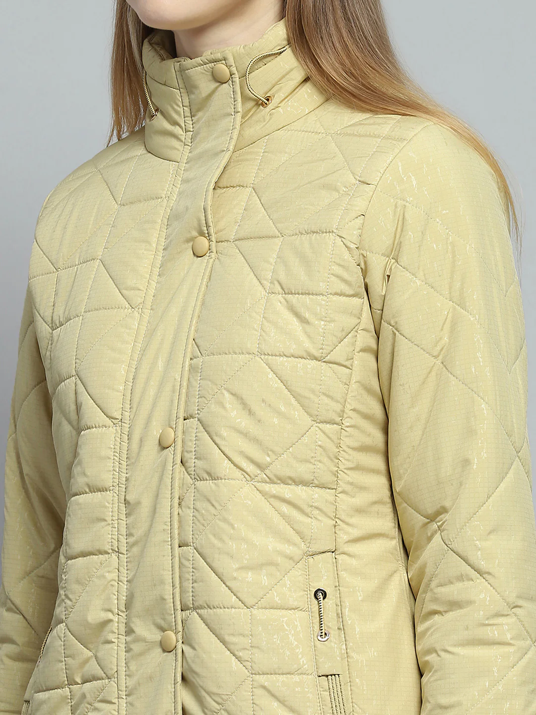 Women Yellow Self Design Mock Neck Full Sleeve Jacket - Image 6