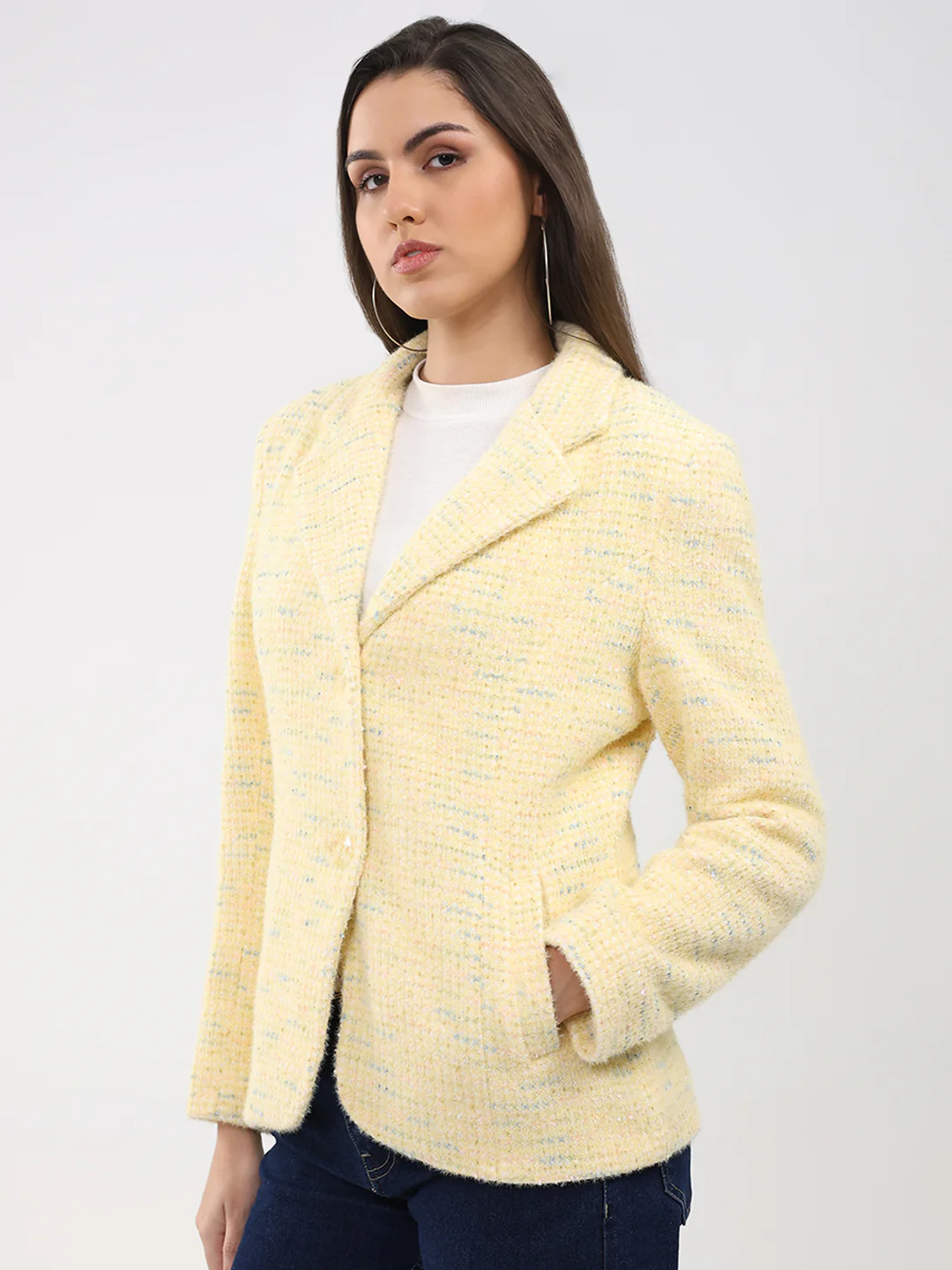 Women Yellow Self Design Notch Lapel Collar Full Sleeve Coat - Image 3