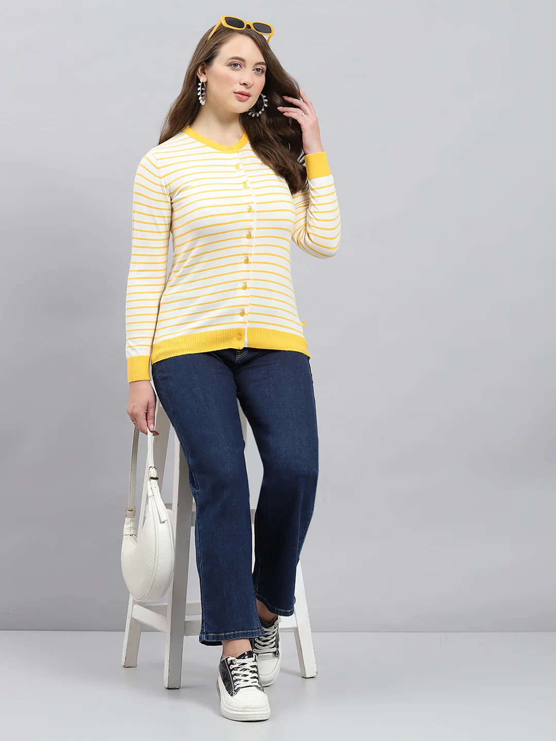 Women Yellow Self Design Round Neck Full Sleeve Cardigan - Image 2