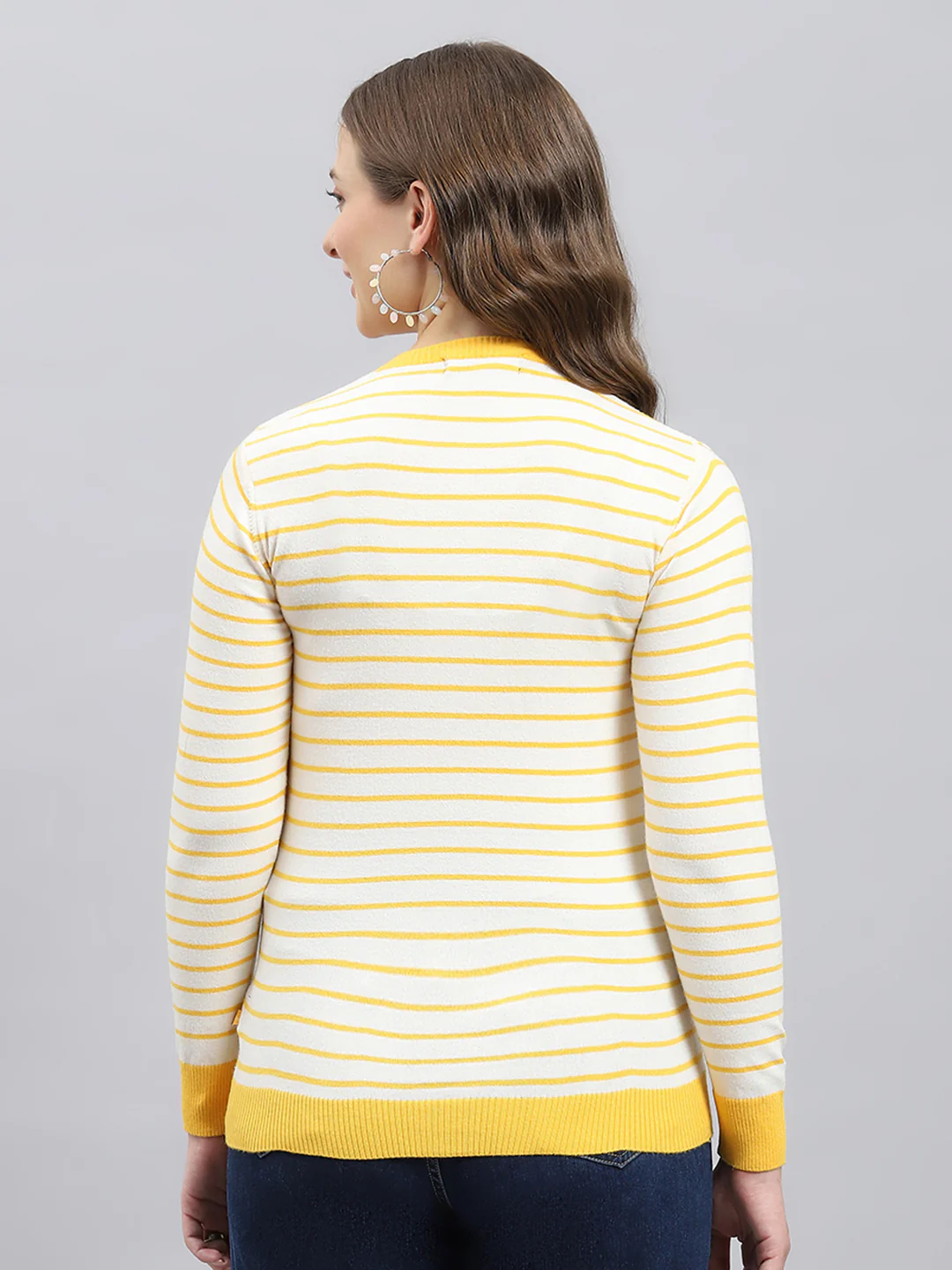 Women Yellow Self Design Round Neck Full Sleeve Cardigan - Image 5