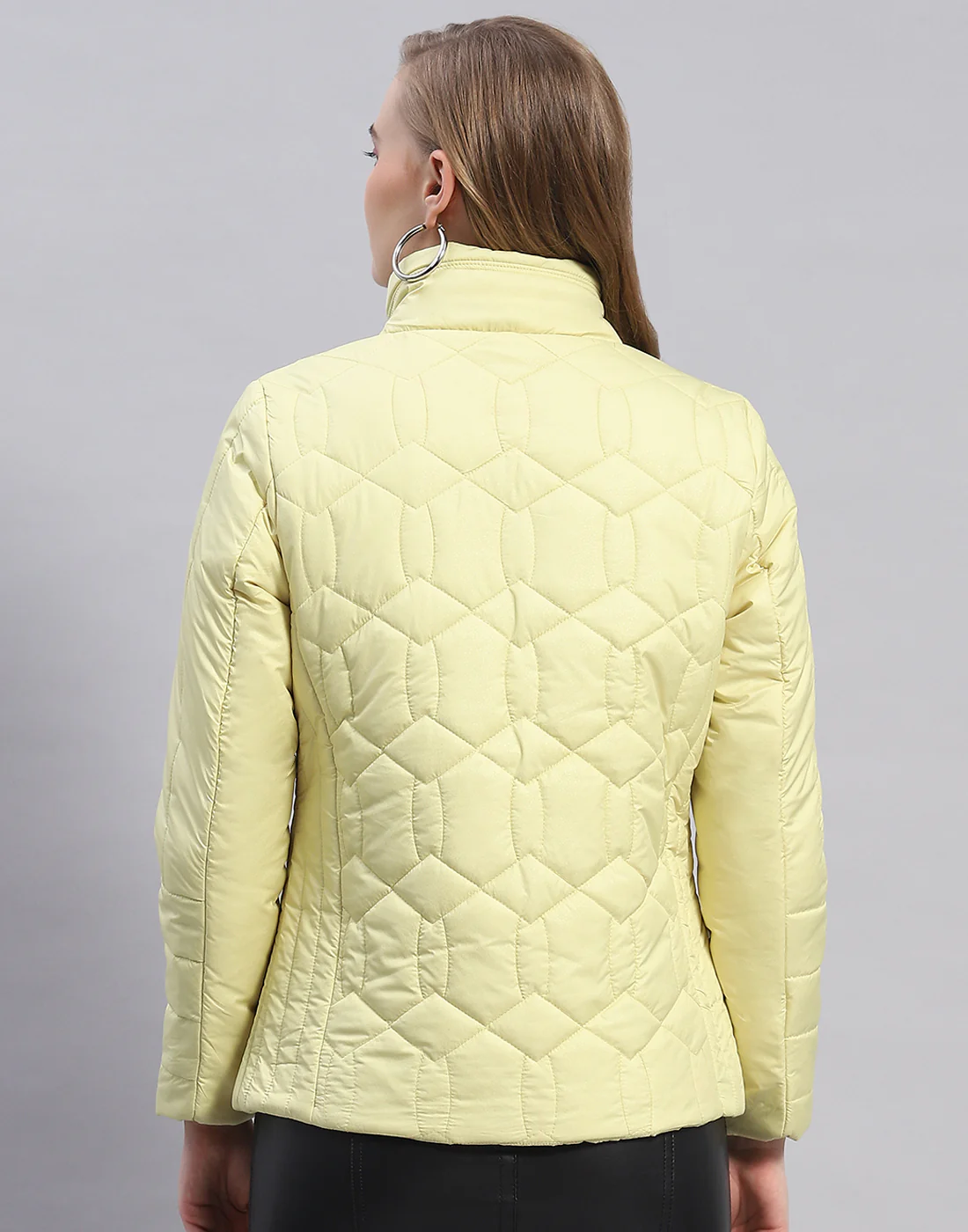 Women Yellow Self Design Stand Collar Full Sleeve Jacket - Image 5