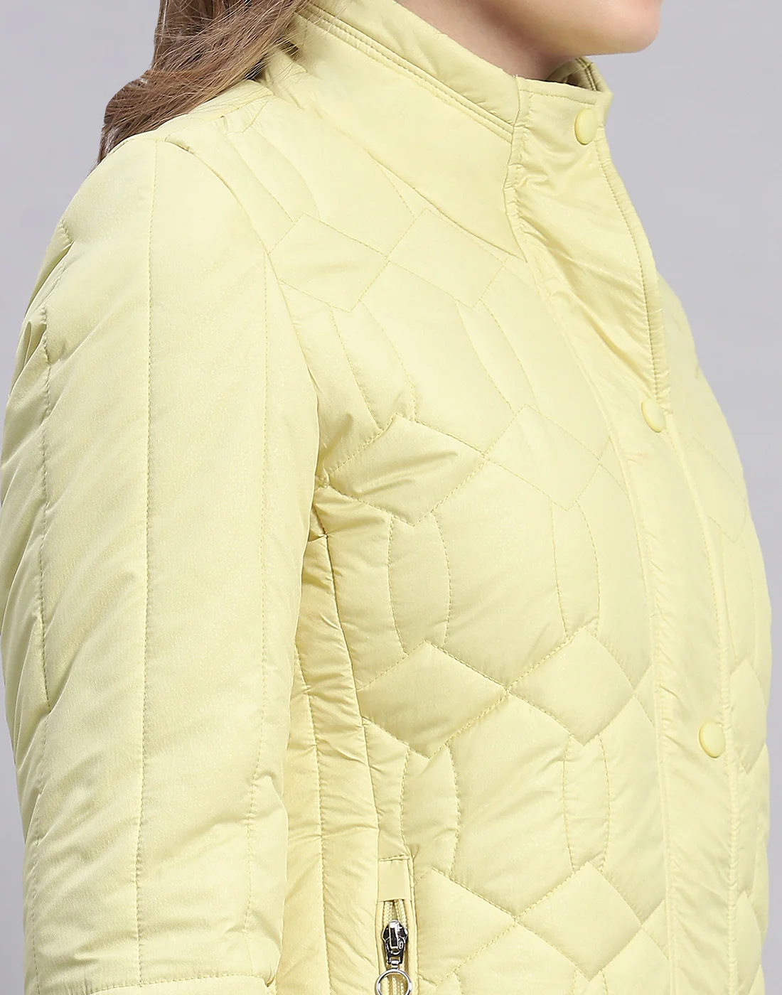 Women Yellow Self Design Stand Collar Full Sleeve Jacket - Image 7
