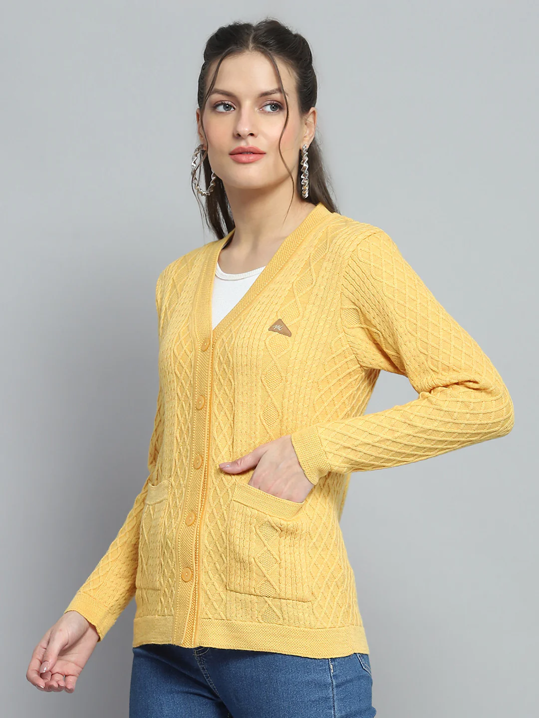 Women Yellow Self Design V Neck Full Sleeve Cardigan - Image 3