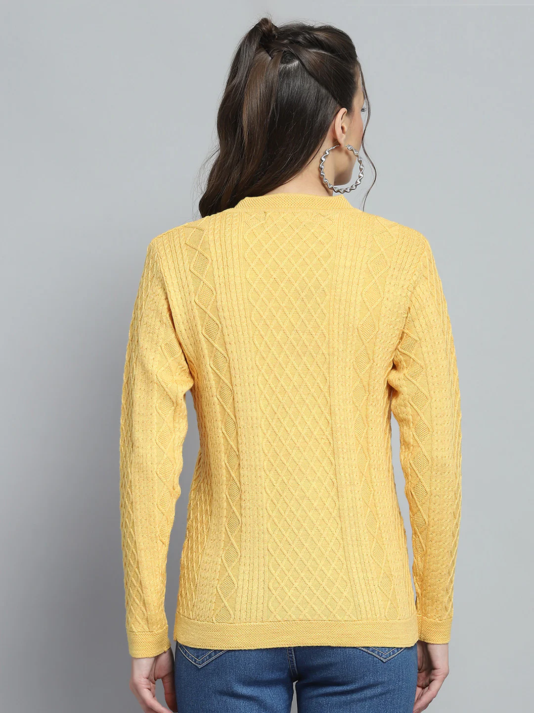 Women Yellow Self Design V Neck Full Sleeve Cardigan - Image 5