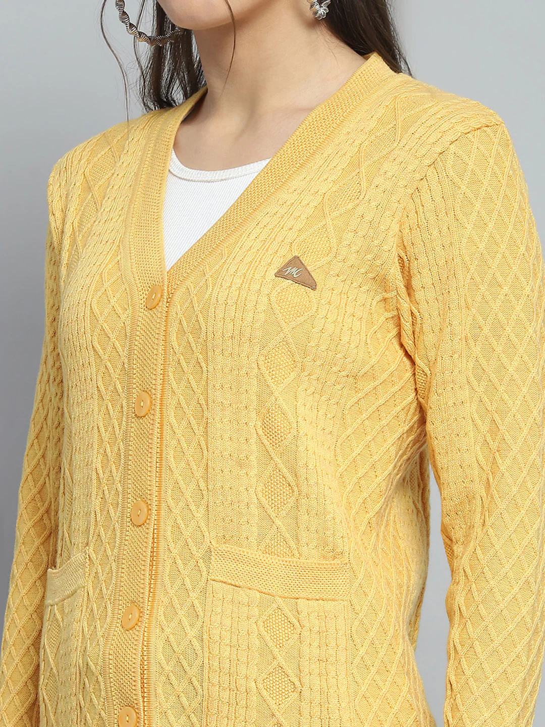 Women Yellow Self Design V Neck Full Sleeve Cardigan - Image 6