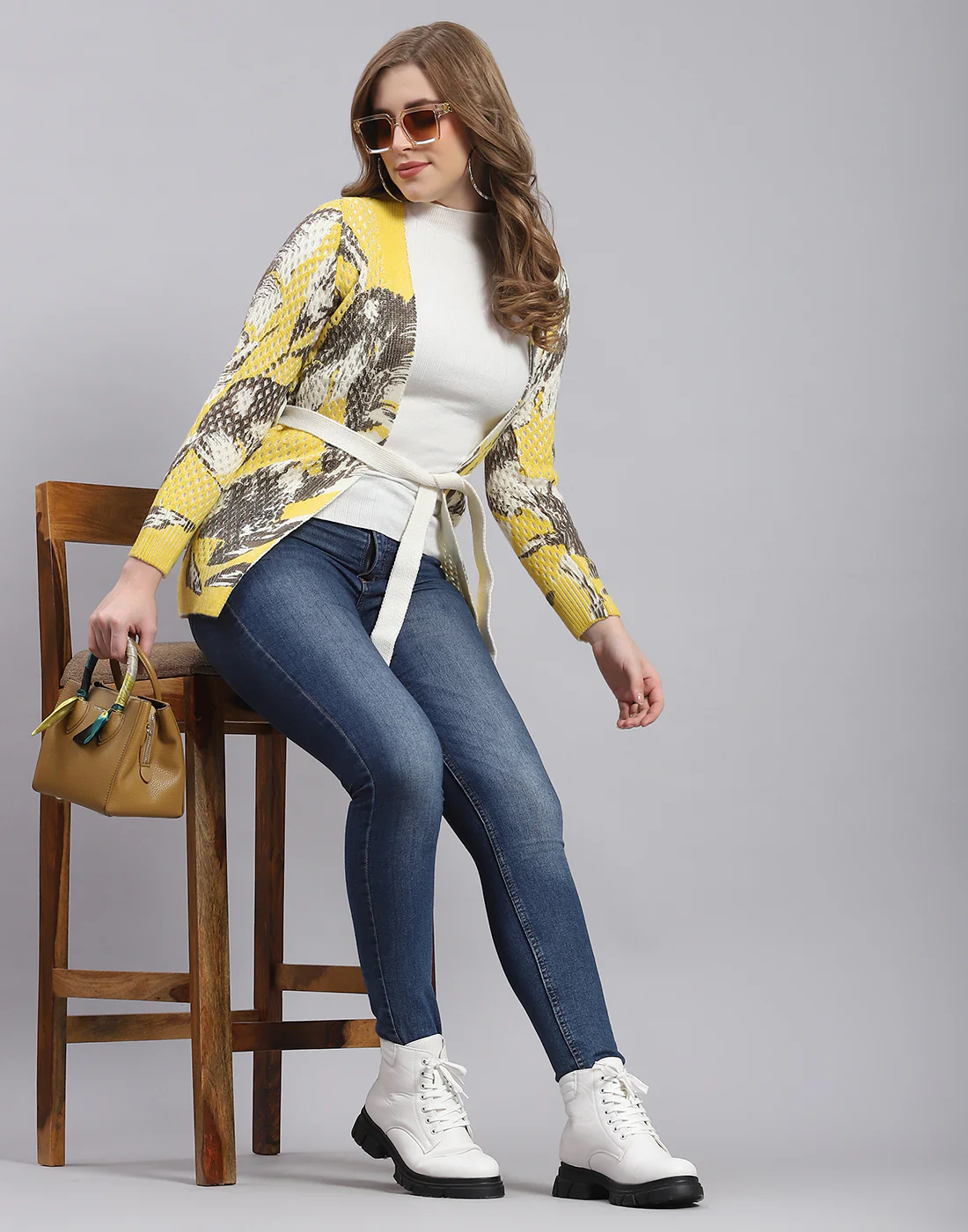 Women Yellow Self Design V Neck Full Sleeve Cardigan - Image 2