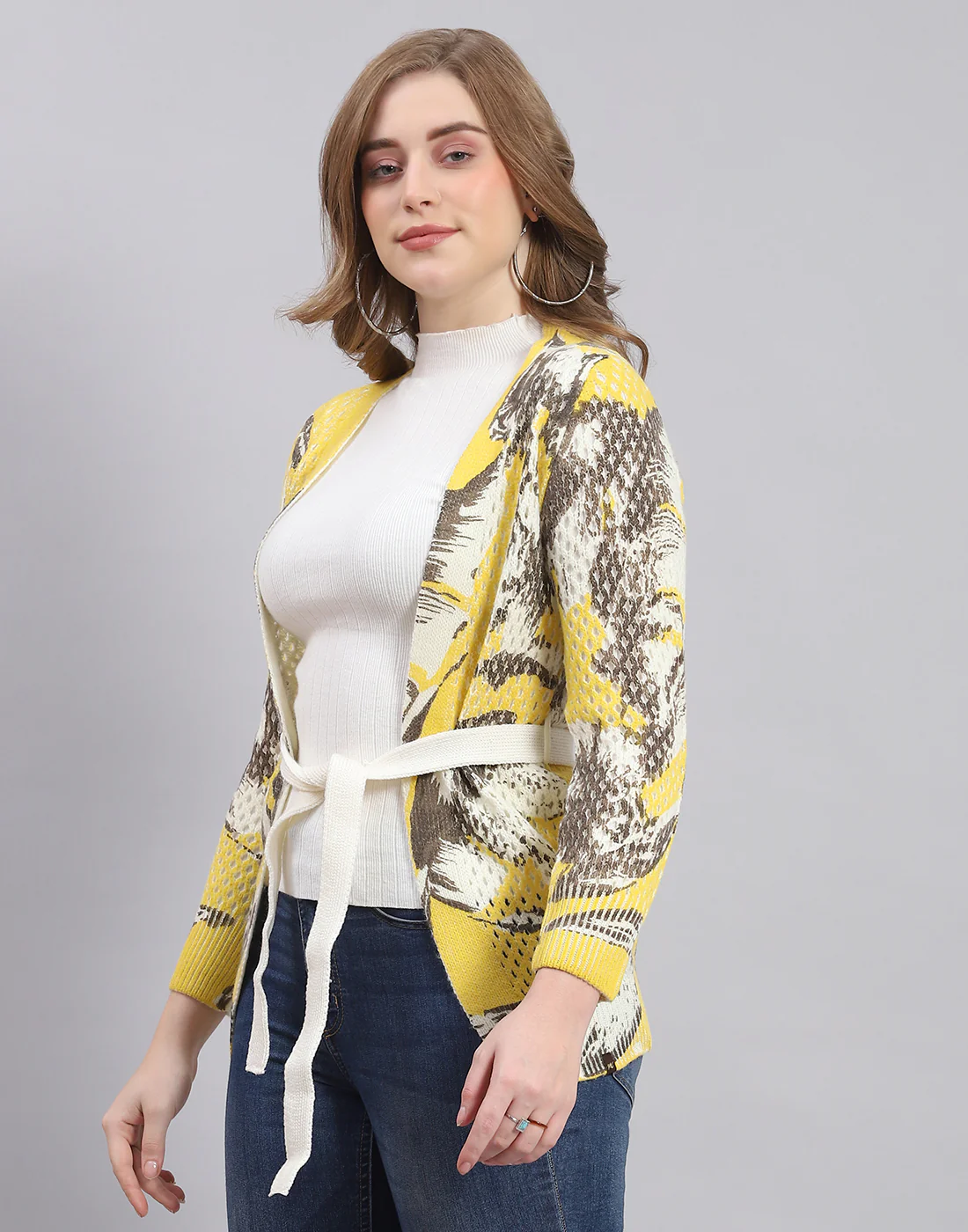 Women Yellow Self Design V Neck Full Sleeve Cardigan - Image 3
