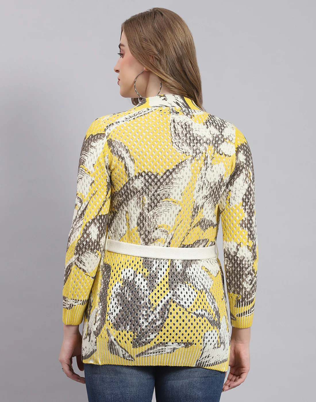Women Yellow Self Design V Neck Full Sleeve Cardigan - Image 5