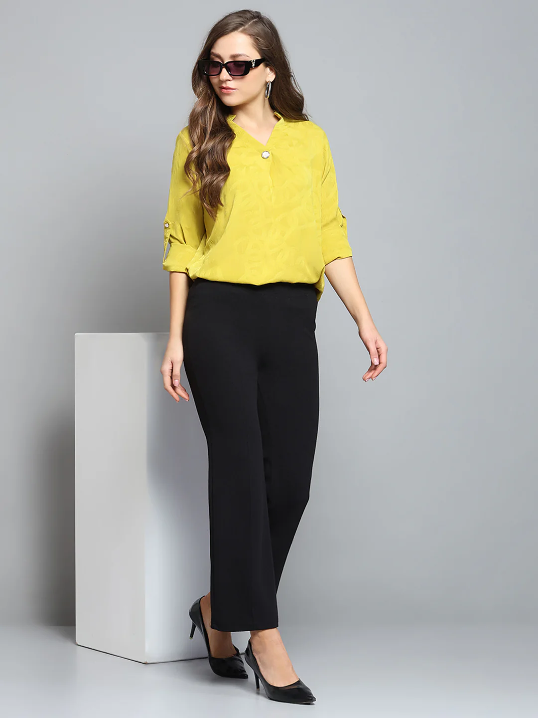 Women Yellow Self Design V Neck Full Sleeve Top - Image 2