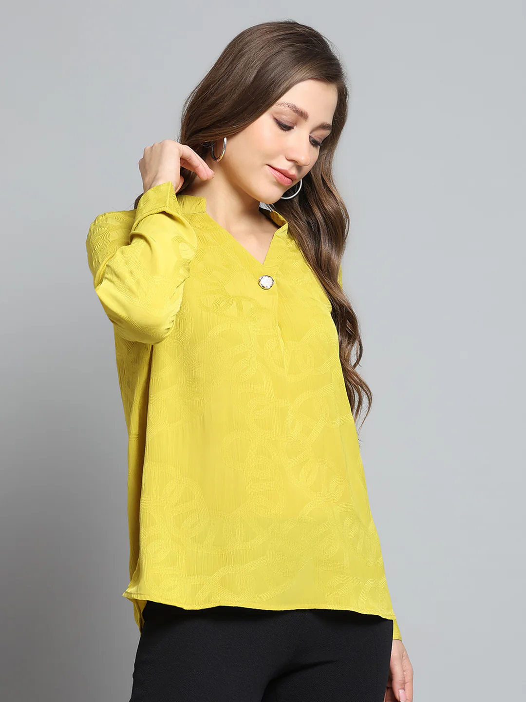 Women Yellow Self Design V Neck Full Sleeve Top - Image 4