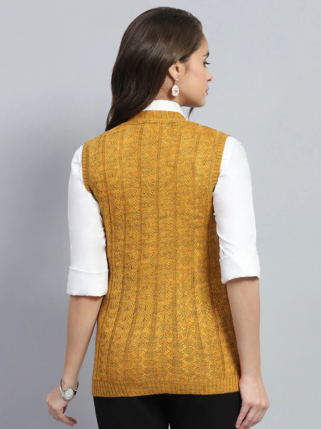 Women Yellow Self Design V Neck Sleeveless Cardigan - Image 5