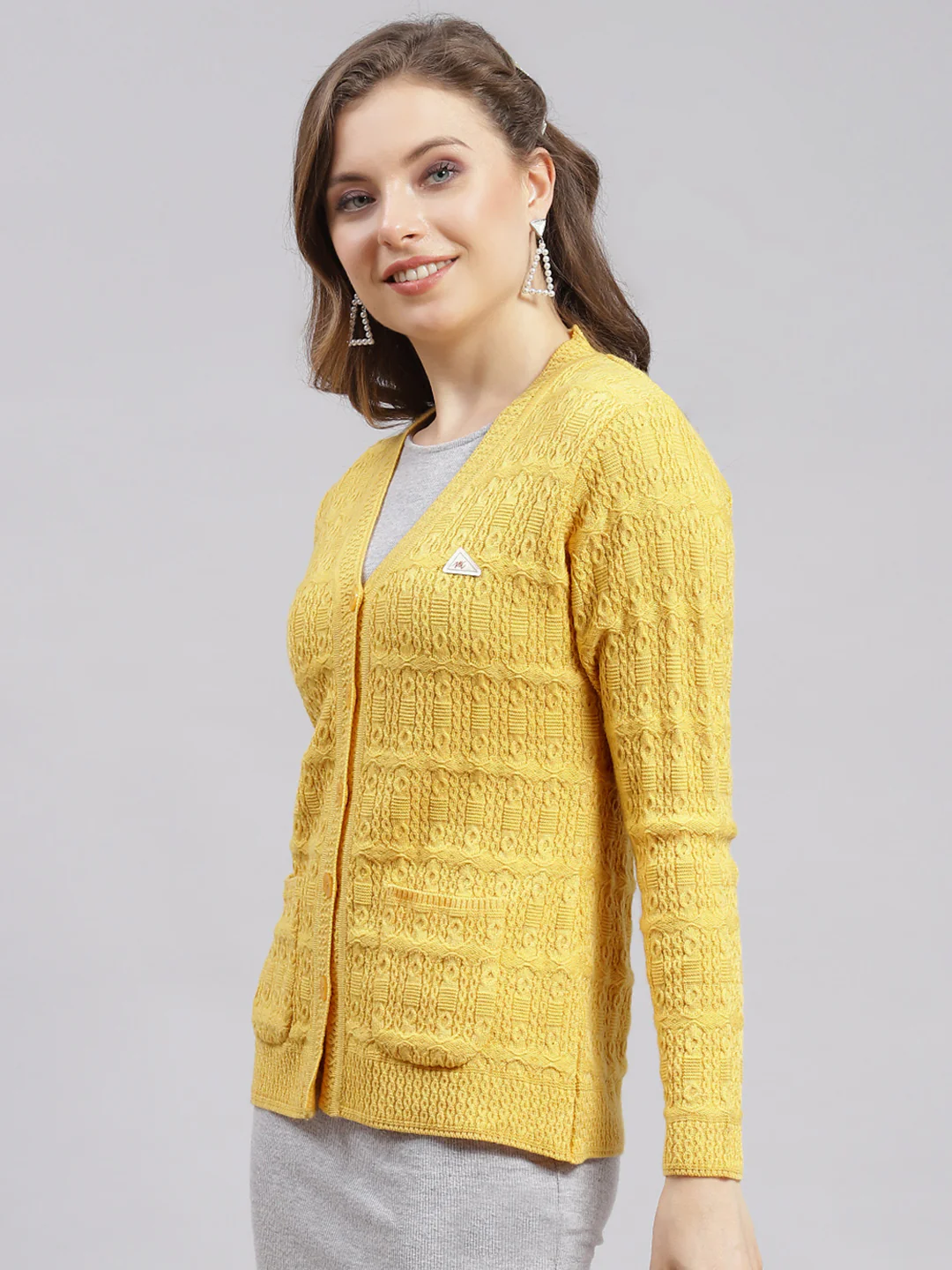 Women Yellow Self Design Wool blend Cardigan - Image 3