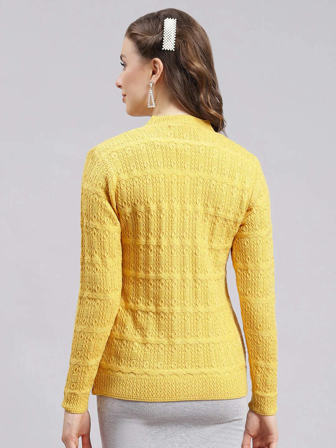 Women Yellow Self Design Wool blend Cardigan - Image 4