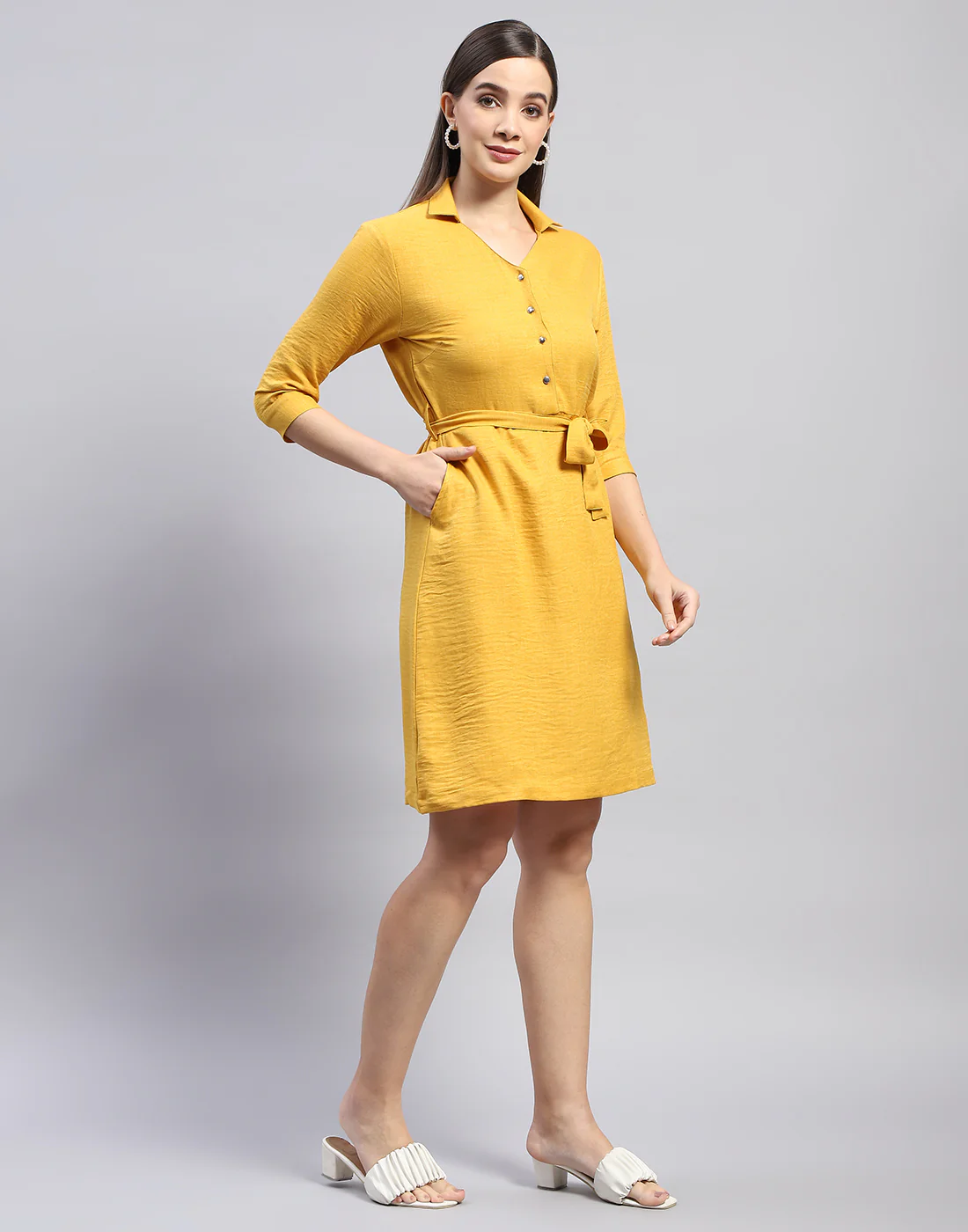 Women Yellow Solid Collar 3/4 Sleeve Tunic - Image 5