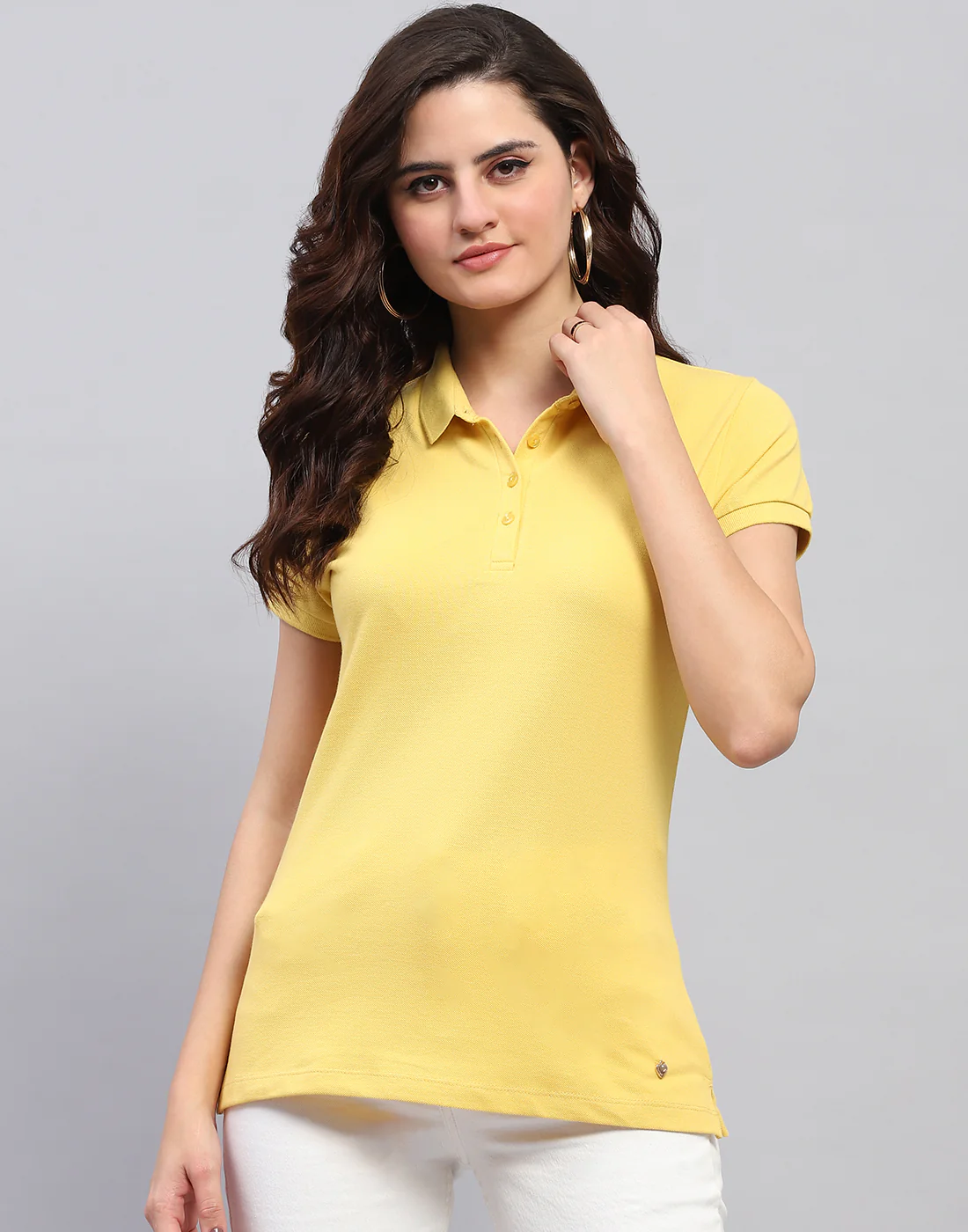Women Yellow Solid Collar Half Sleeve T-Shirt - Image 3