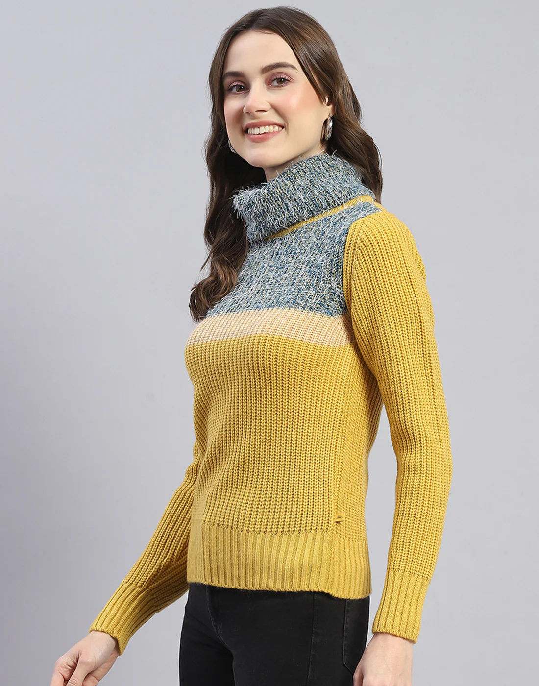 Women Yellow Solid H Neck Full Sleeve Sweater - Image 3
