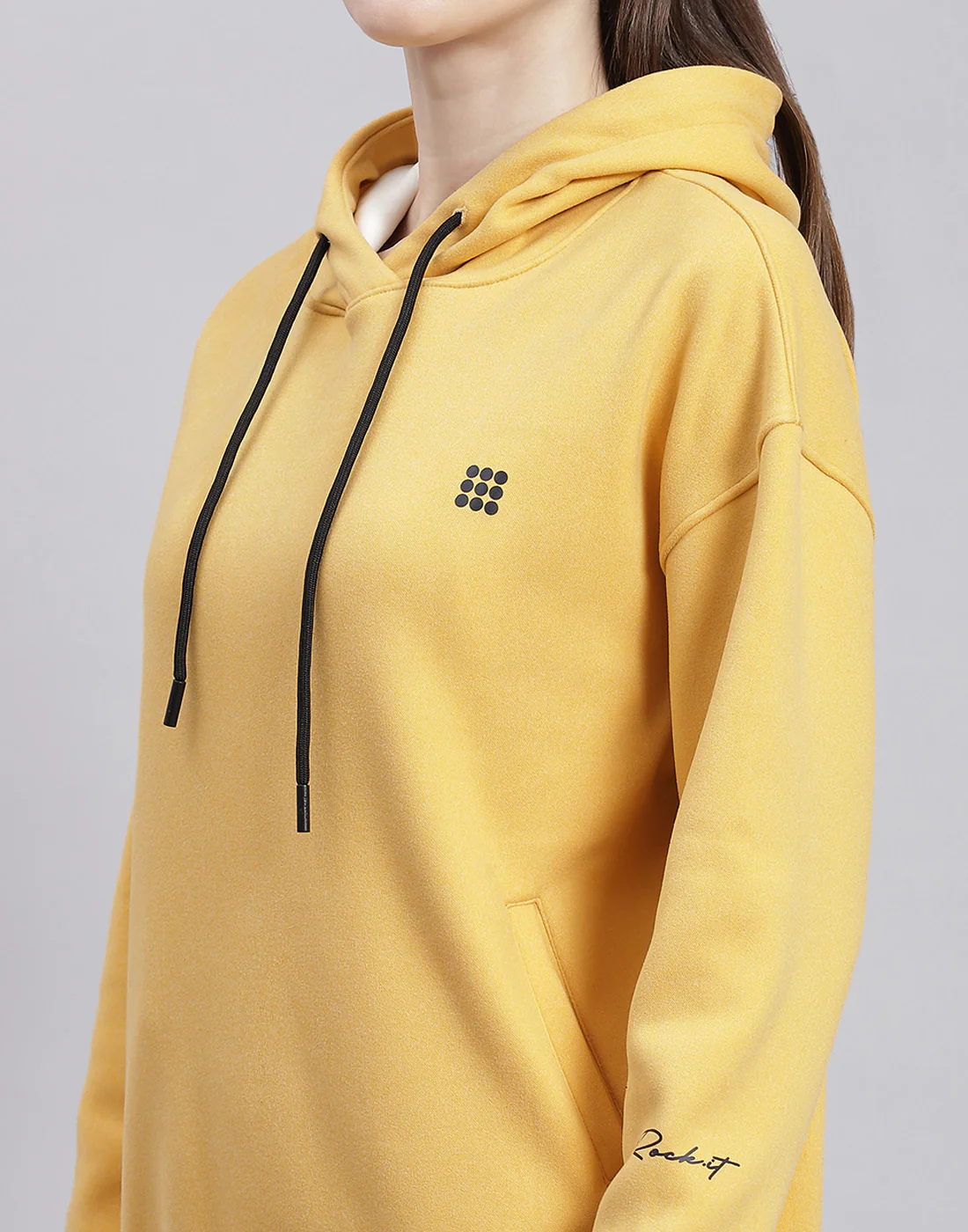 Rock.it Women Yellow Solid Hooded Full Sleeve Sweatshirt - Image 6