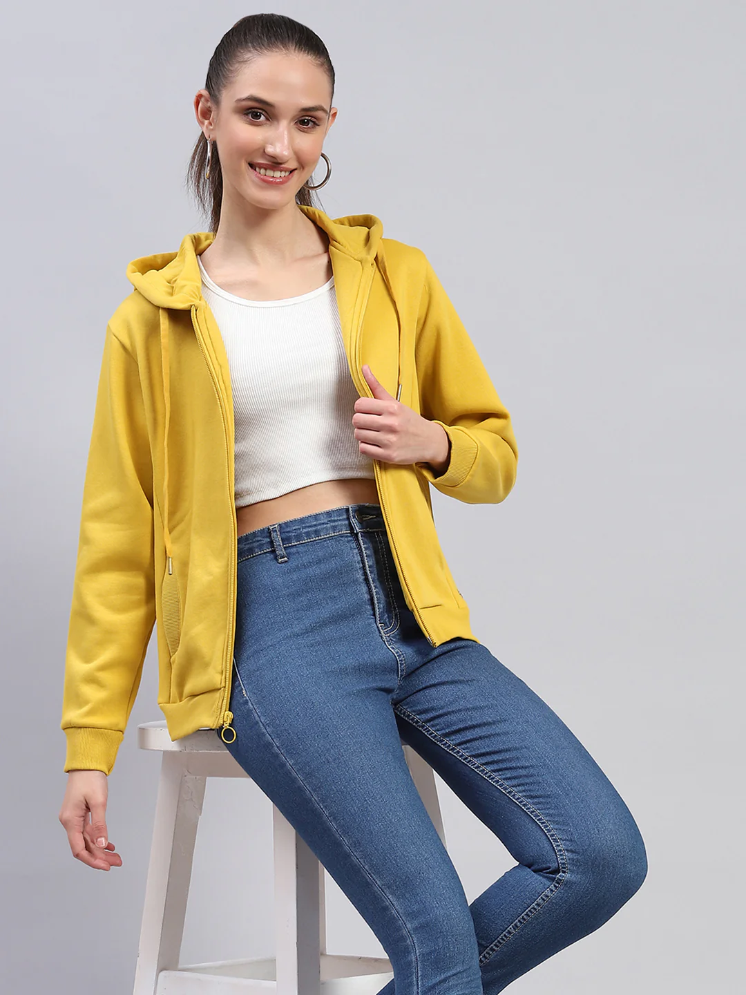 Women Yellow Solid Hooded Full Sleeve Sweatshirt - Image 6