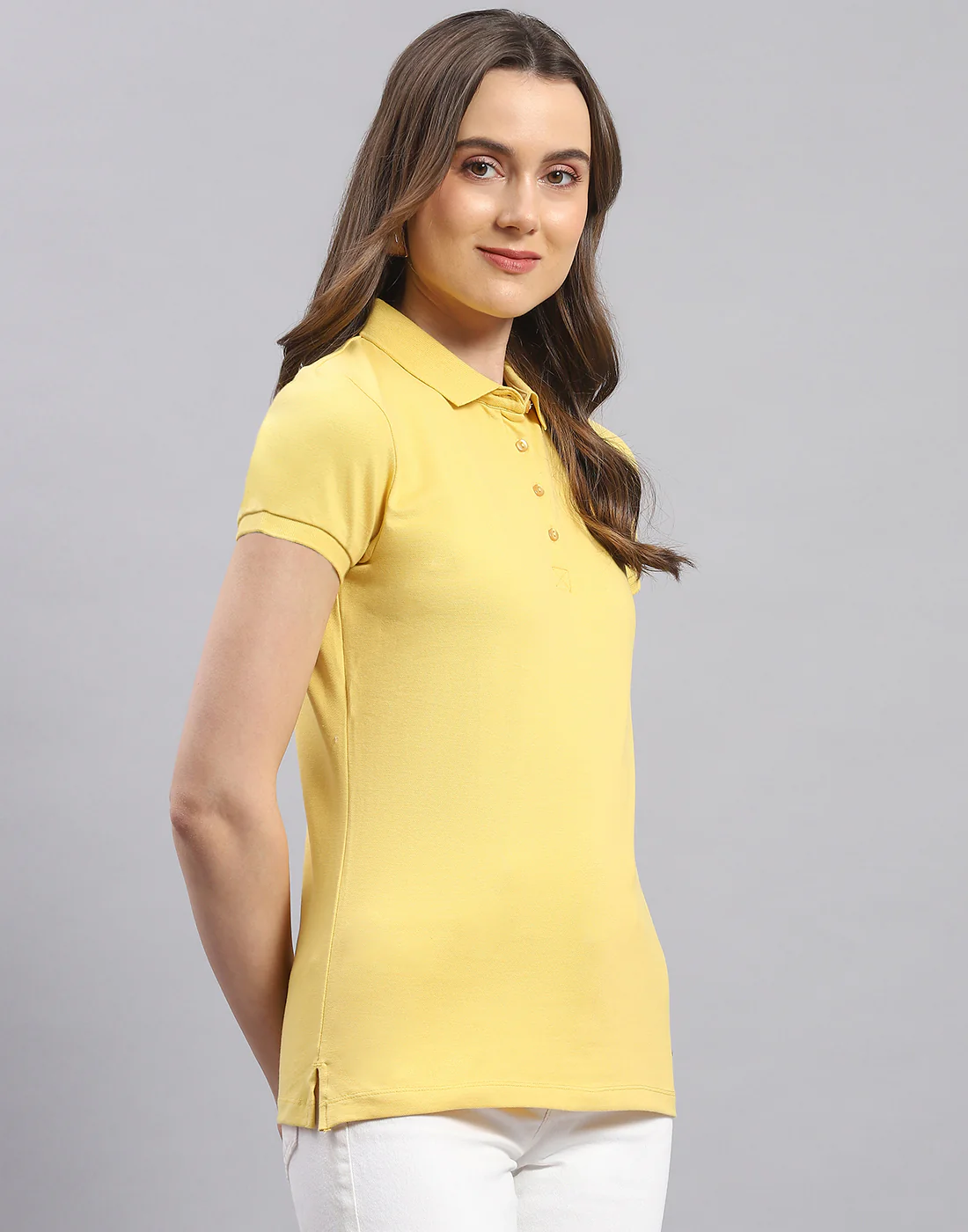 Women Yellow Solid Polo Collar Half Sleeve T-Shirt - Image 4