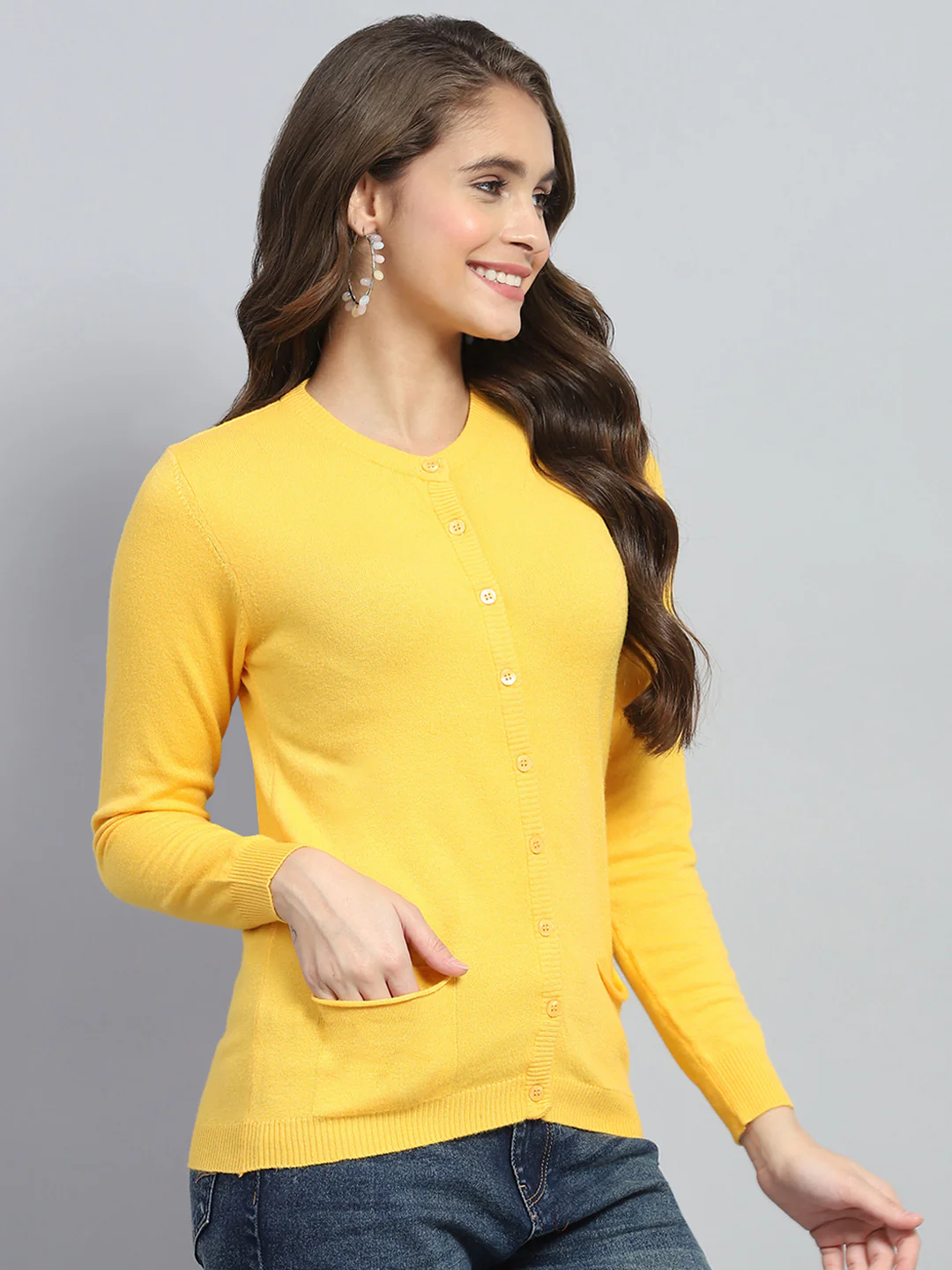 Women Yellow Solid Round Neck Full Sleeve Cardigan - Image 4