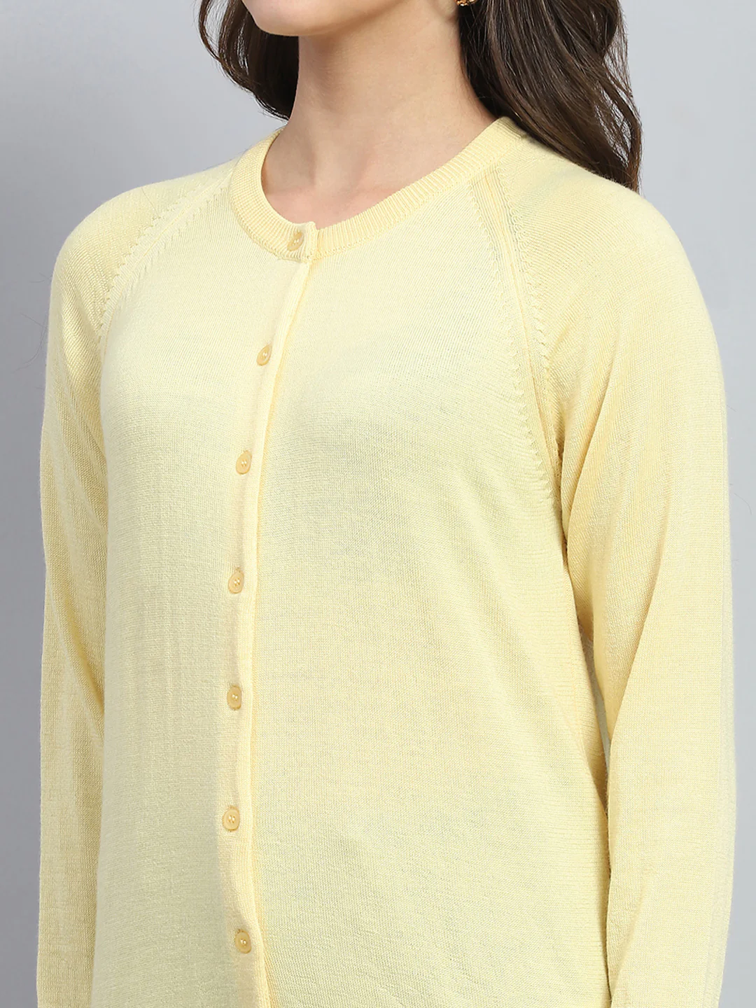Women Yellow Solid Round Neck Full Sleeve Cardigan - Image 6