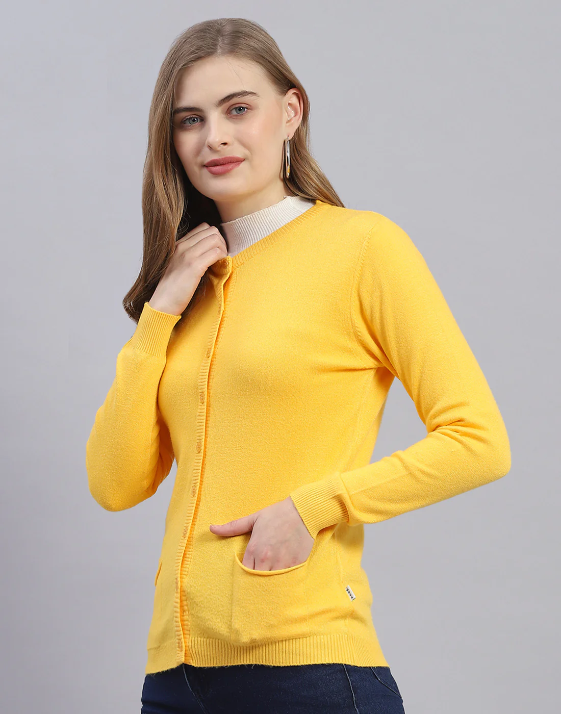 Women Yellow Solid Round Neck Full Sleeve Cardigan - Image 3