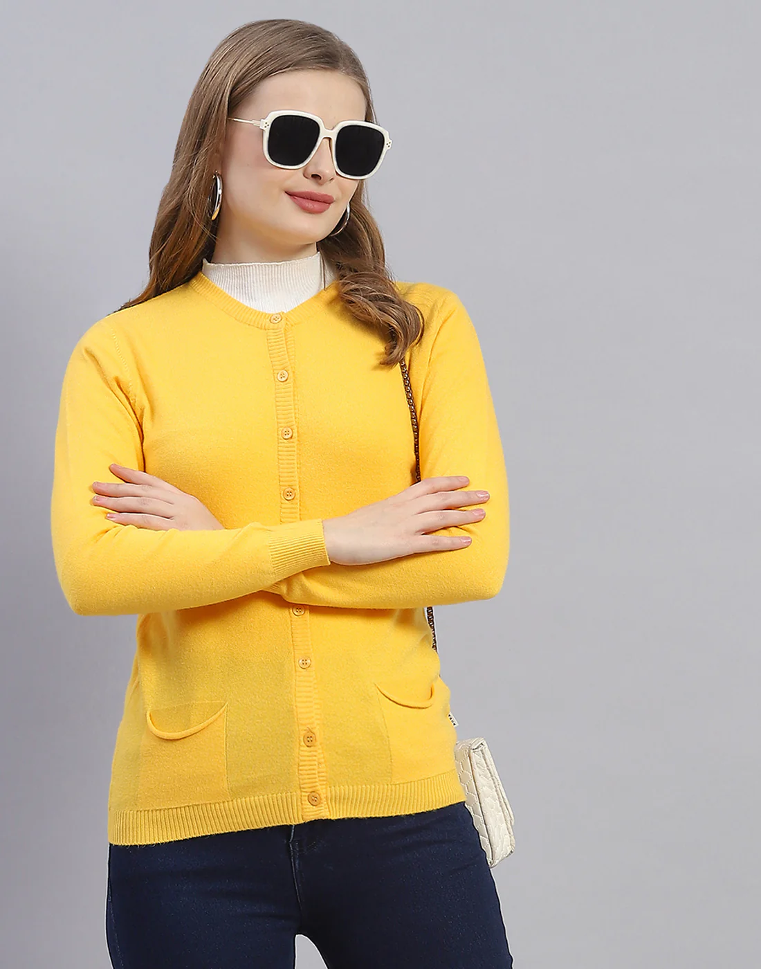 Women Yellow Solid Round Neck Full Sleeve Cardigan - Image 6