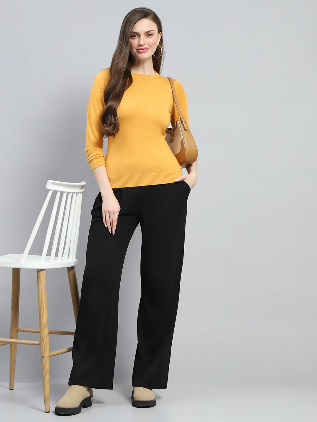 Women Yellow Solid Round Neck Full Sleeve Winter Tops - Image 2