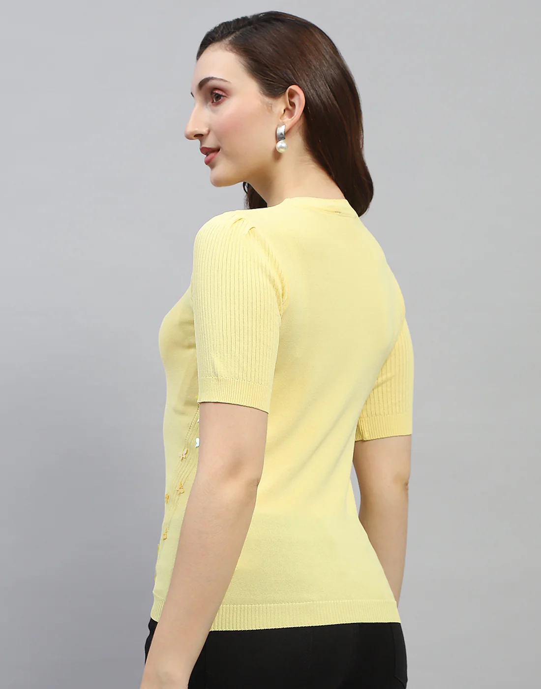 Women Yellow Solid Round Neck Half Sleeve Top - Image 5