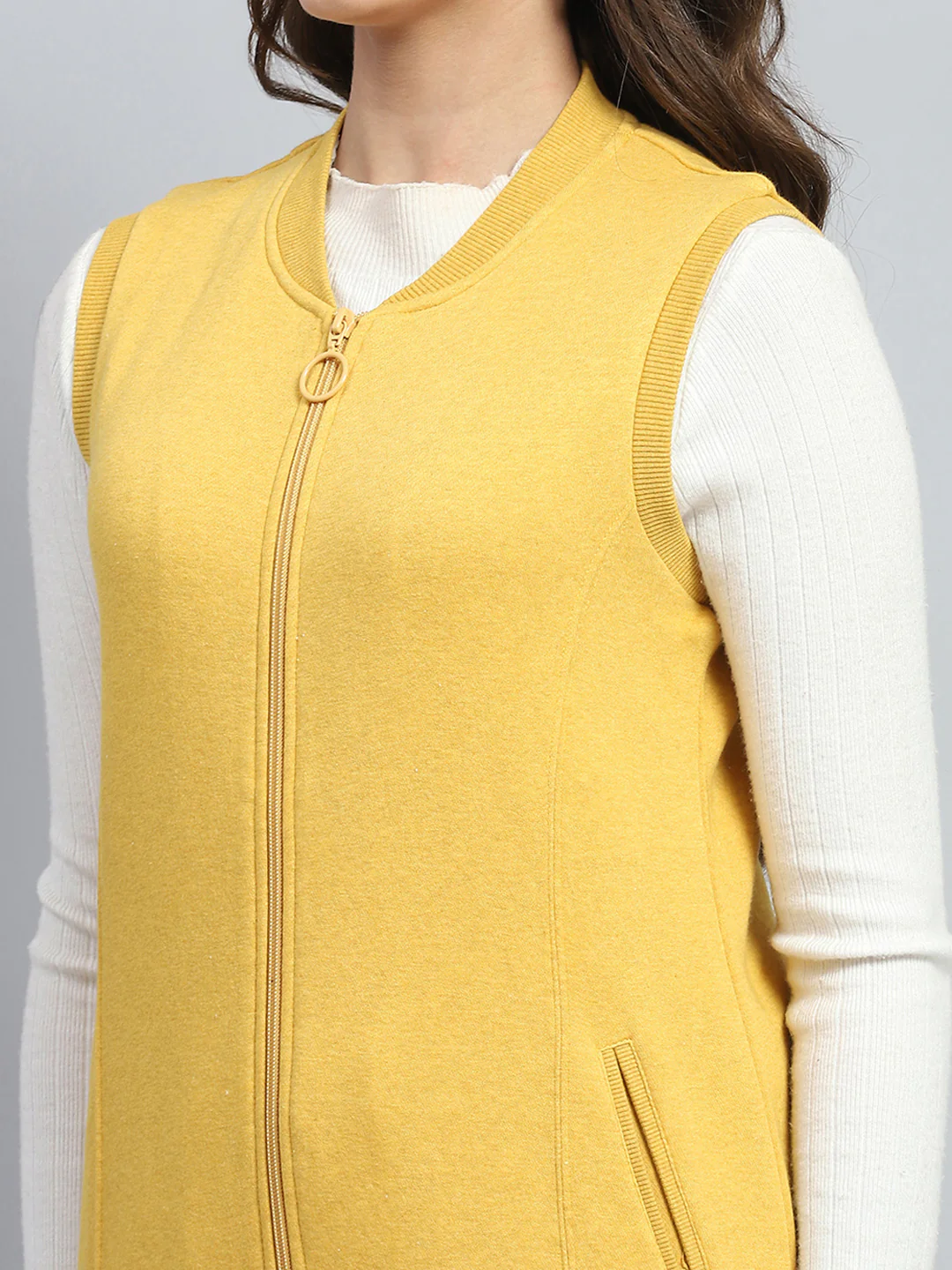 Women Yellow Solid Round Neck Sleeveless Sweatshirt - Image 6