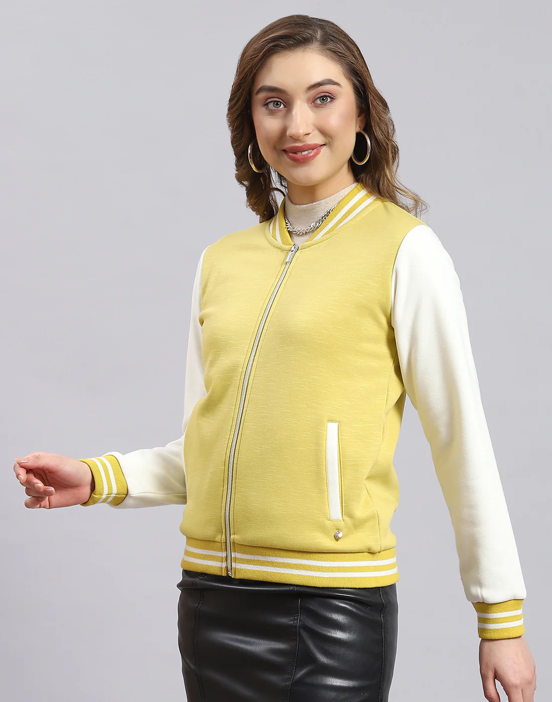 Women Yellow Solid Stand Collar Full Sleeve Sweatshirt - Image 4
