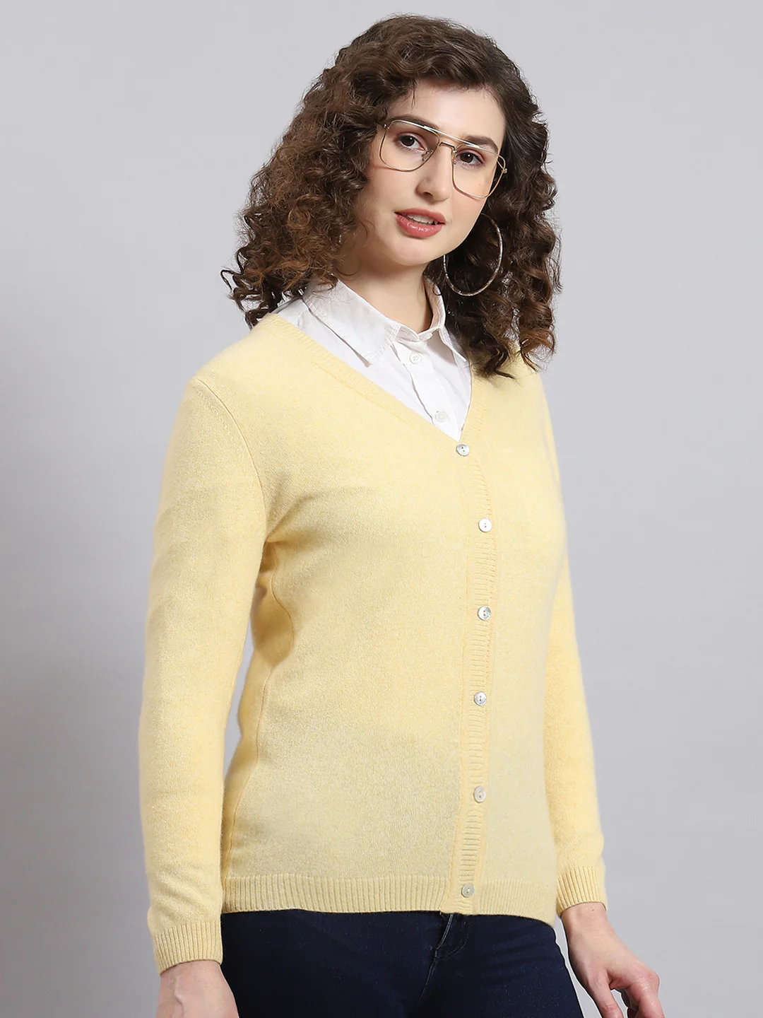 Women Yellow Solid V Neck Full Sleeve Cardigan - Image 3