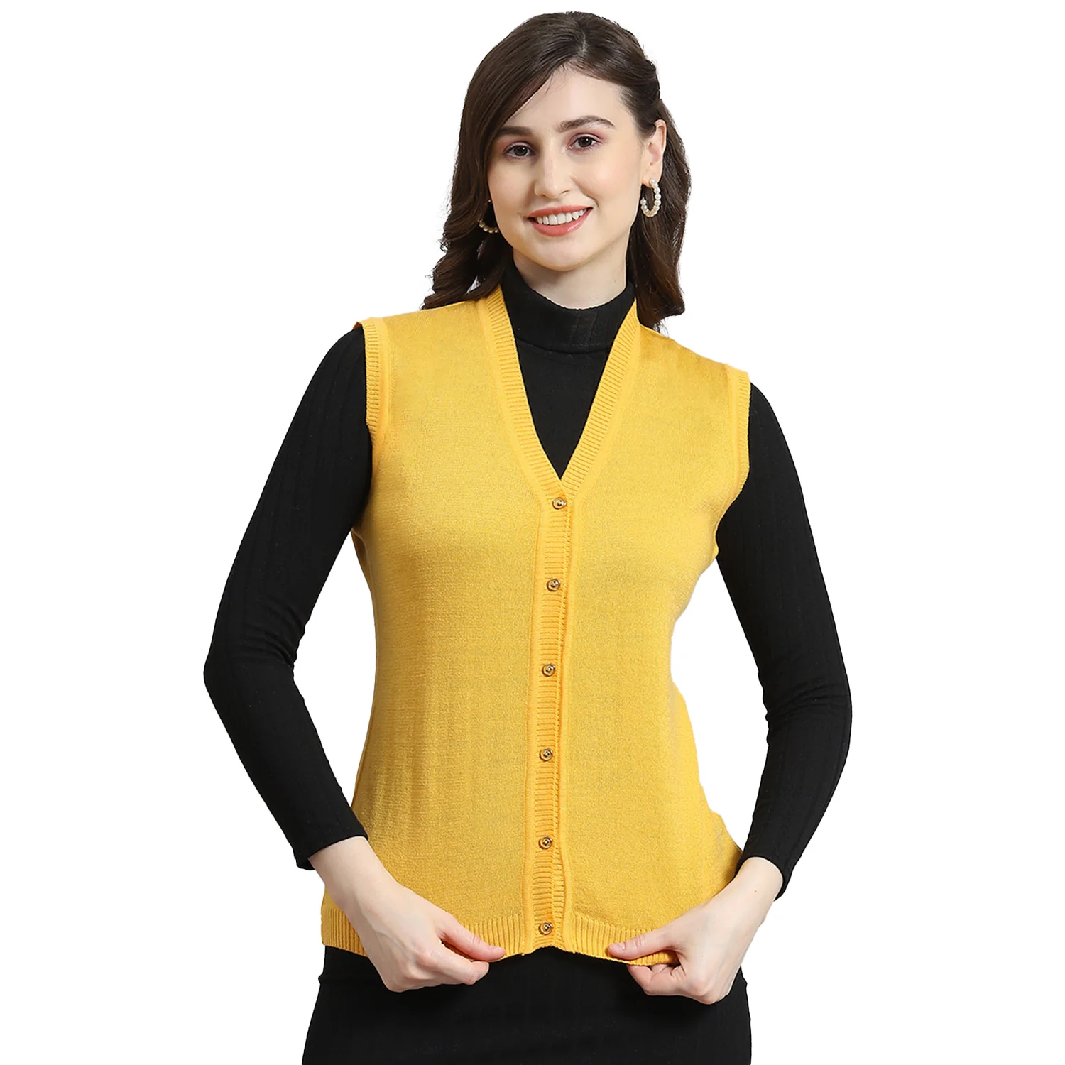 Women Yellow Solid V Neck Sleeveless Cardigan - Image 5