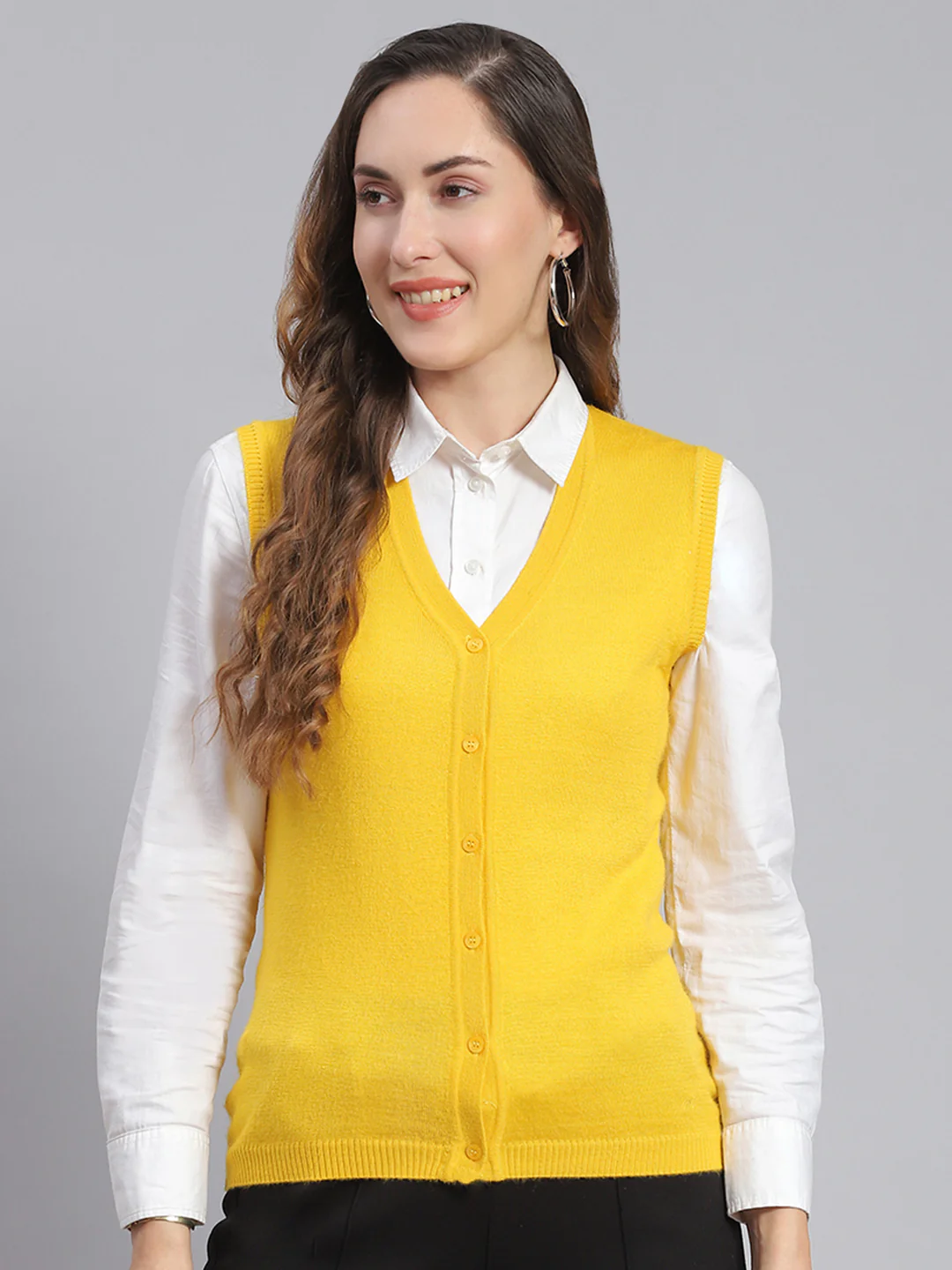 Women Yellow Solid V Neck Sleeveless Cardigans - Image 2