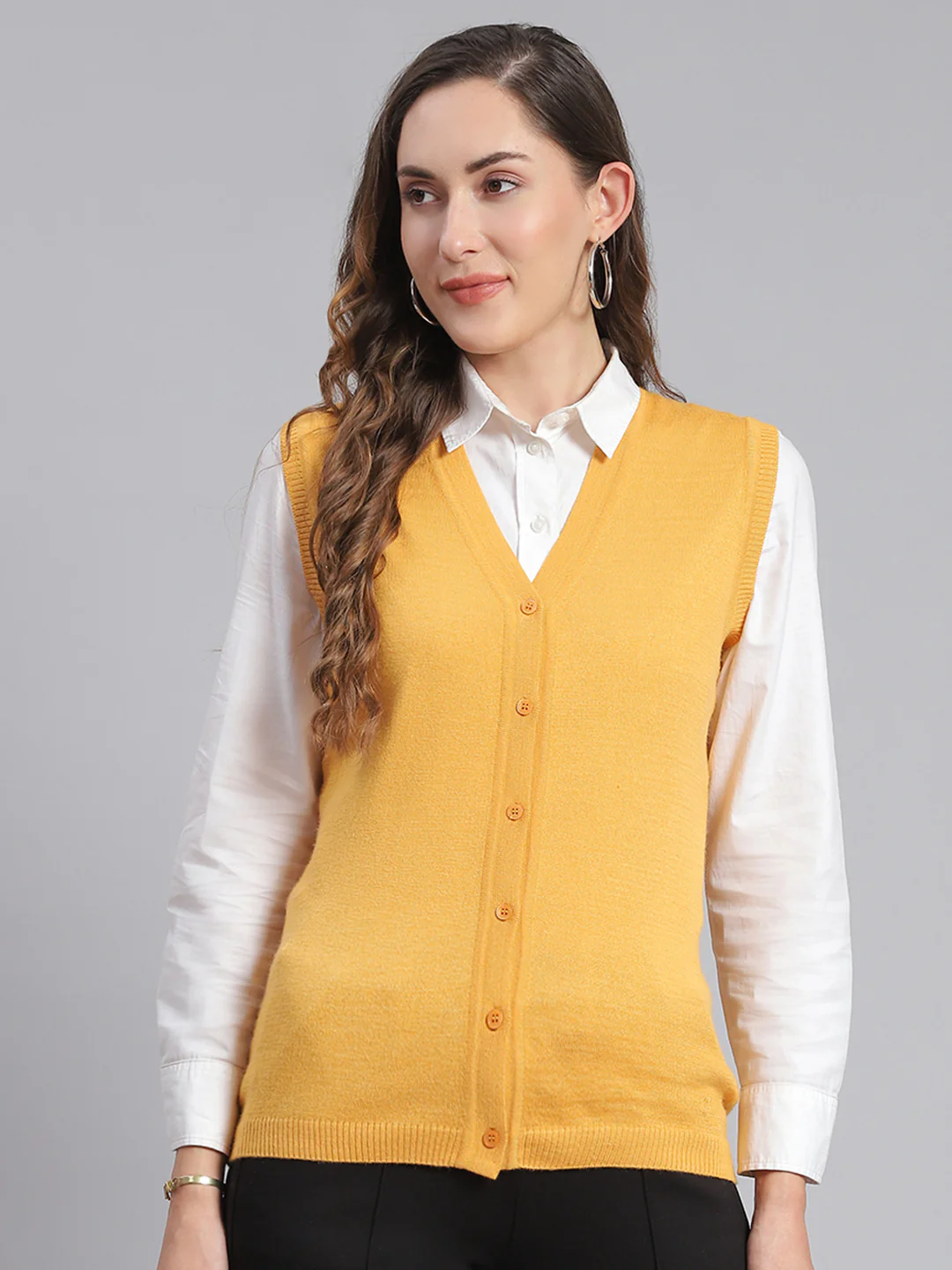 Women Yellow Solid V Neck Sleeveless Cardigans - Image 2