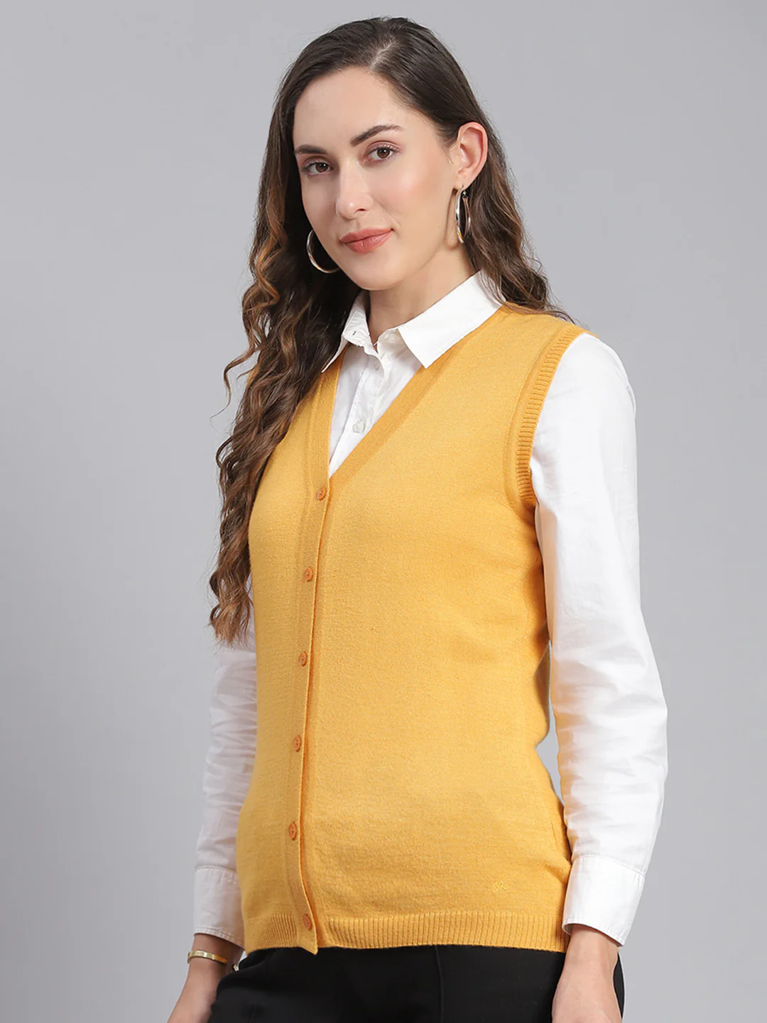 Women Yellow Solid V Neck Sleeveless Cardigans - Image 3