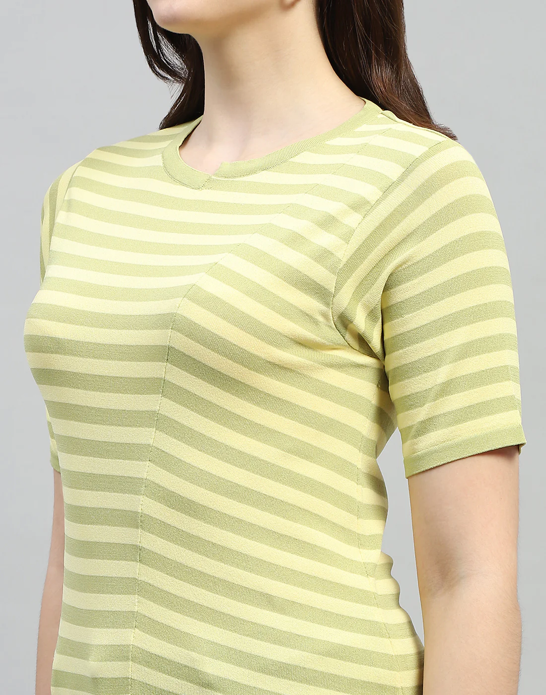 Women Yellow Stripe Round Neck Half Sleeve Top - Image 6
