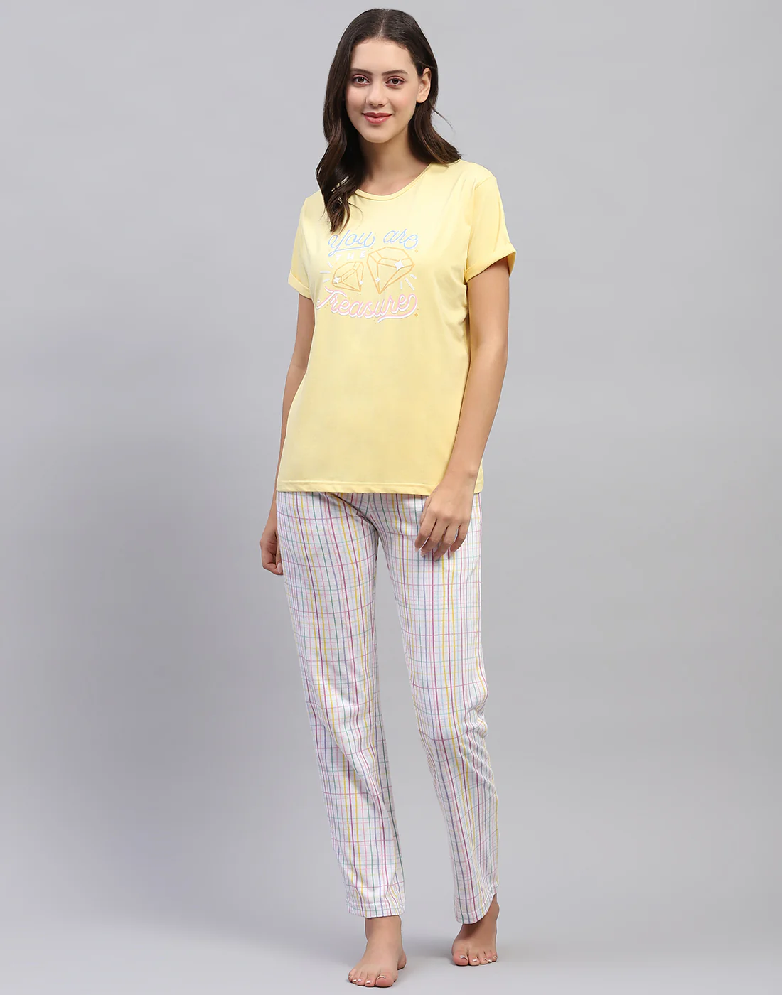 Women Yellow & White Printed Round Neck Half Sleeve Lower Set - Image 3