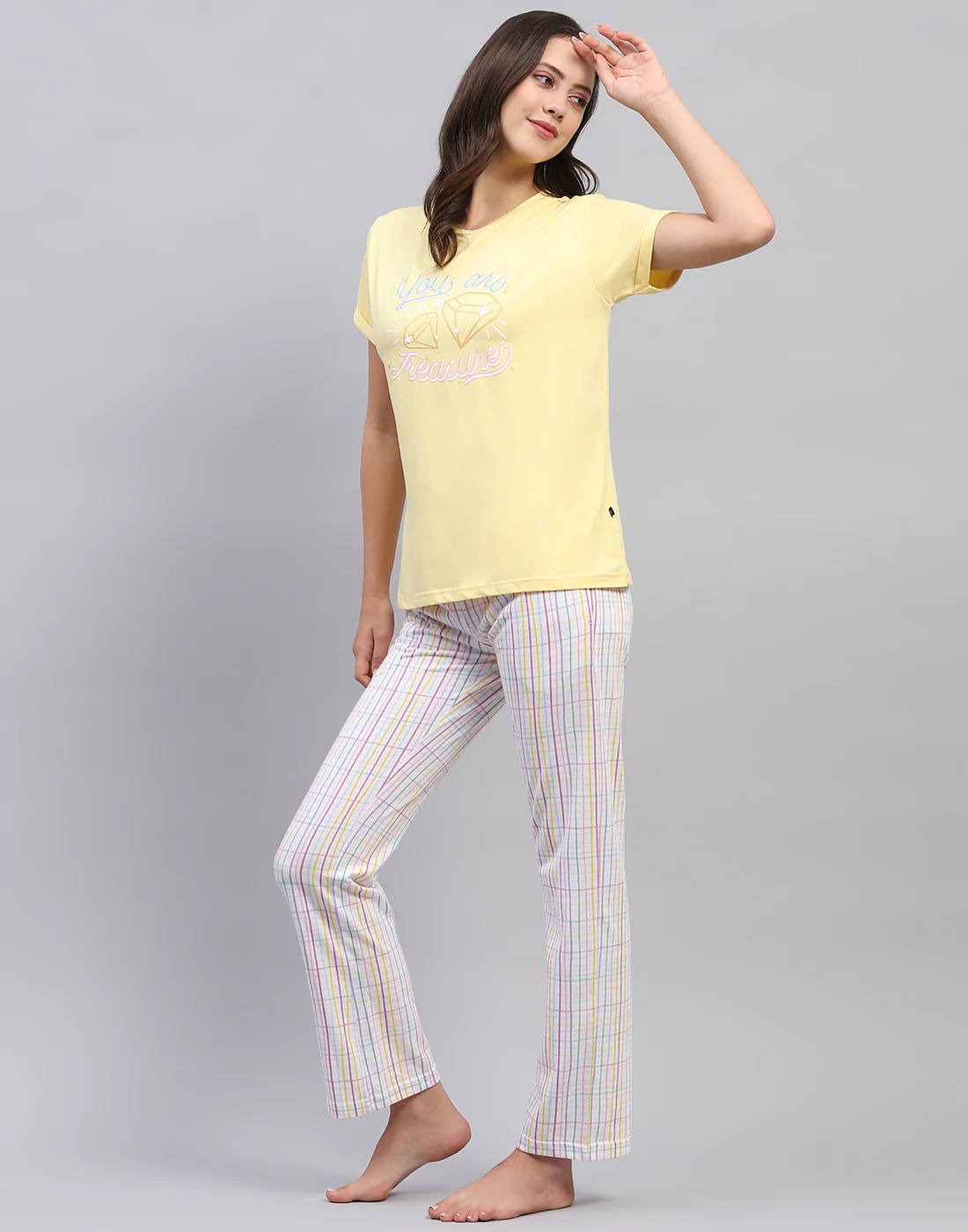 Women Yellow & White Printed Round Neck Half Sleeve Lower Set - Image 4