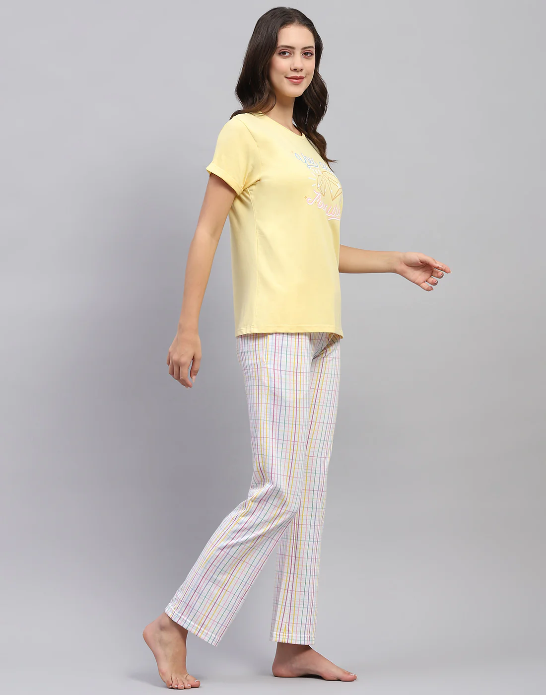 Women Yellow & White Printed Round Neck Half Sleeve Lower Set - Image 5